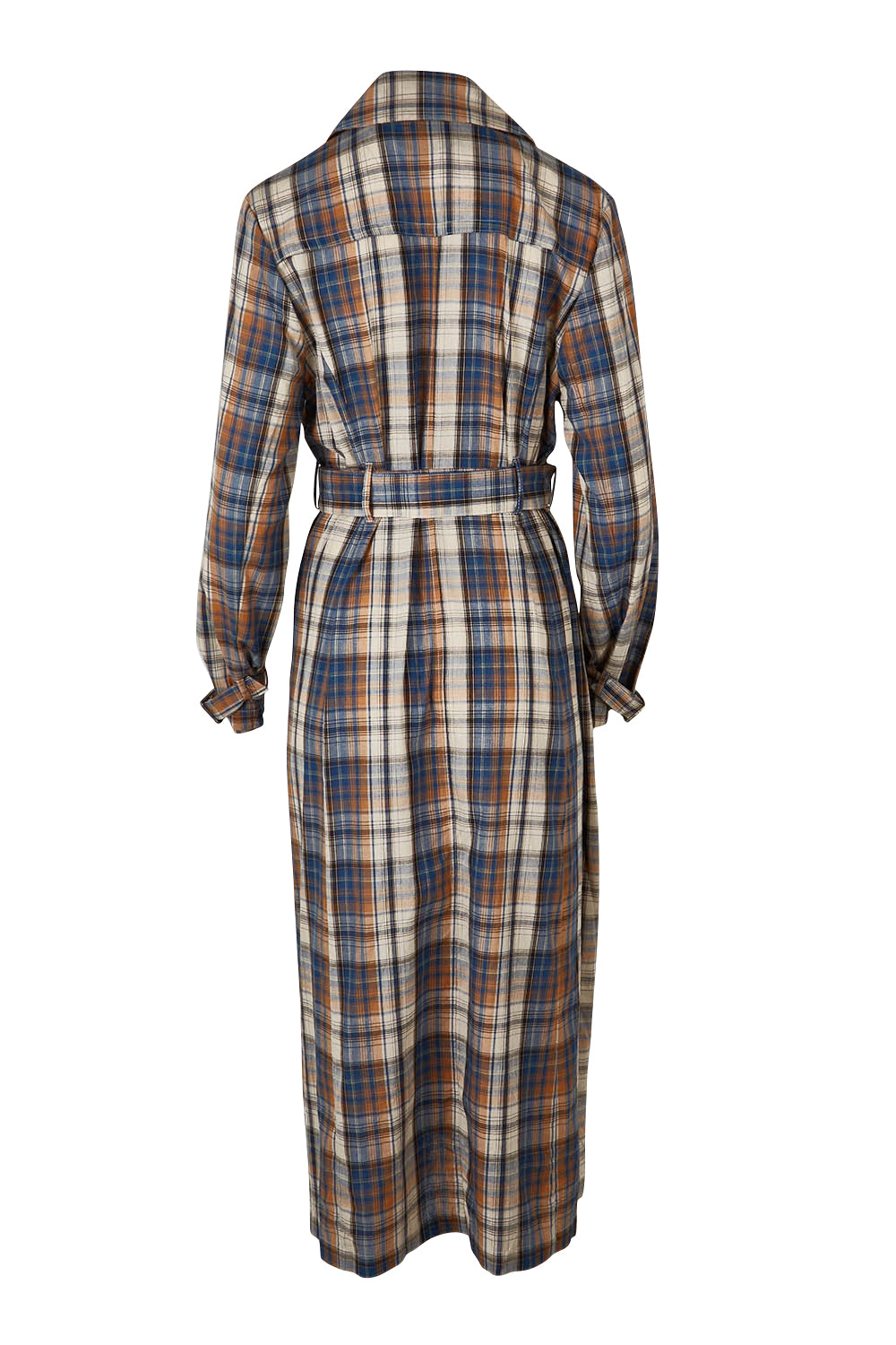 Product shot of the Check Me Out Trench Coat in colour Bluecheck (Blue), from the back