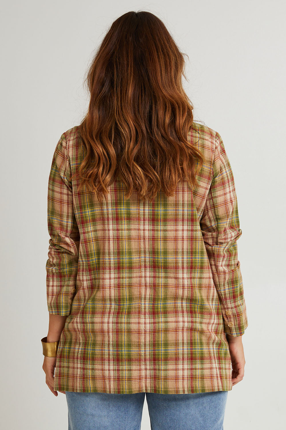 Model Laura wearing size 14 of the Check Me Out Cotton Blazer in colour Check (Green), from the back