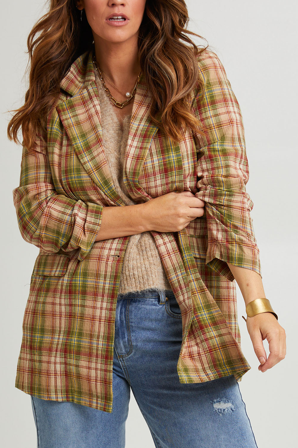Model Laura wearing size 14 of the Check Me Out Cotton Blazer in colour Check (Green), from the front, cropped image