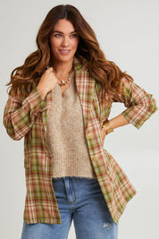 Model Laura wearing size 14 of the Check Me Out Cotton Blazer in colour Check (Green), from the front, cropped image