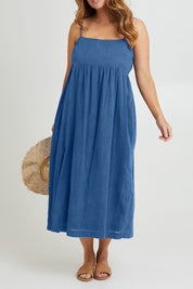 Model Laura wearing size 14 of the Feels Like Sunshine Cotton Dress in colour Dutchblue (Blue), from the front, cropped image