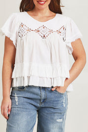 Model Jane wearing size 14 of the Frill Of The Romance Blouse in colour White (White), from the front, cropped image