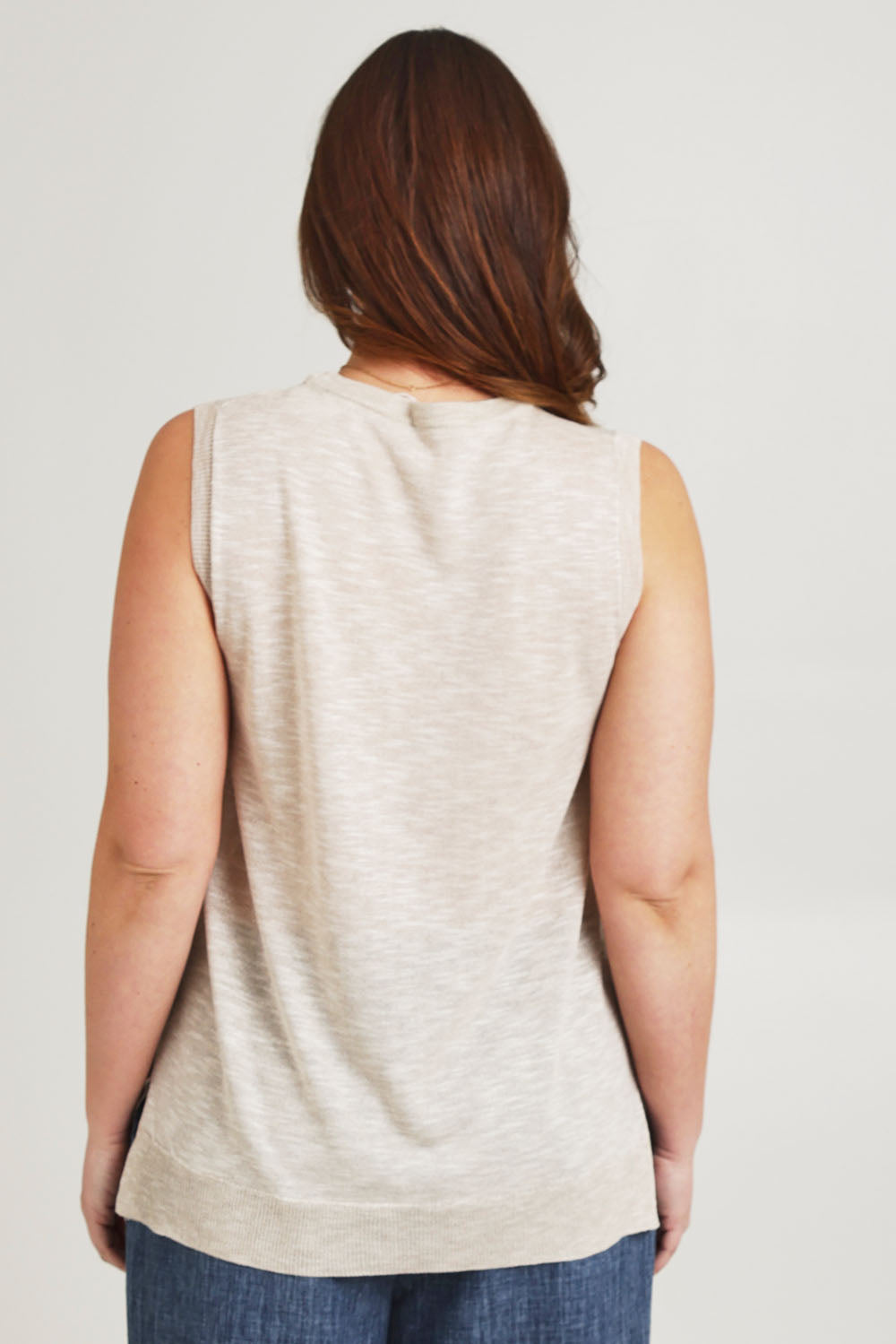 Model Jane wearing size L of the Go To Knit Crew Tank in colour Natural, from the back