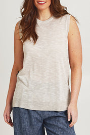 Model Jane wearing size L of the Go To Knit Crew Tank in colour Natural, from the front, cropped image