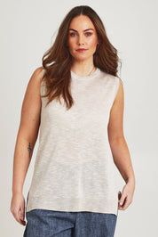 Model Jane wearing size L of the Go To Knit Crew Tank in colour Natural, from the front, cropped image