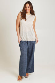 Model Jane wearing size L of the Go To Knit Crew Tank in colour Natural, from the front, showing the whole outfit