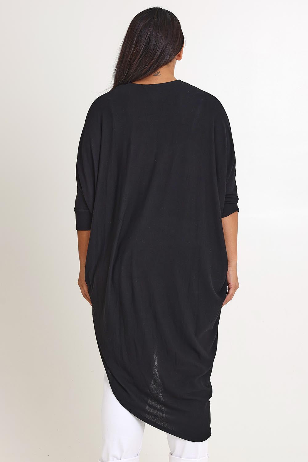 Model Ashleigh wearing size 16 of the Falling For You Cardi in colour Black (Black), from the back