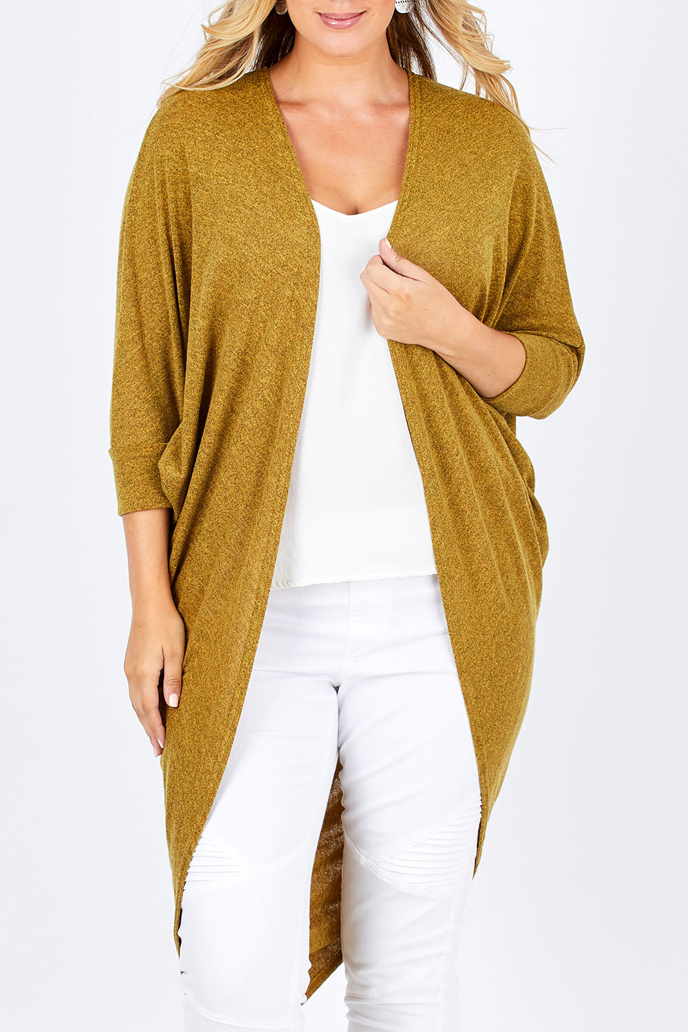 Model Jess wearing size 14 of the Falling For You Cardi in colour Mustard, from the front, cropped image
