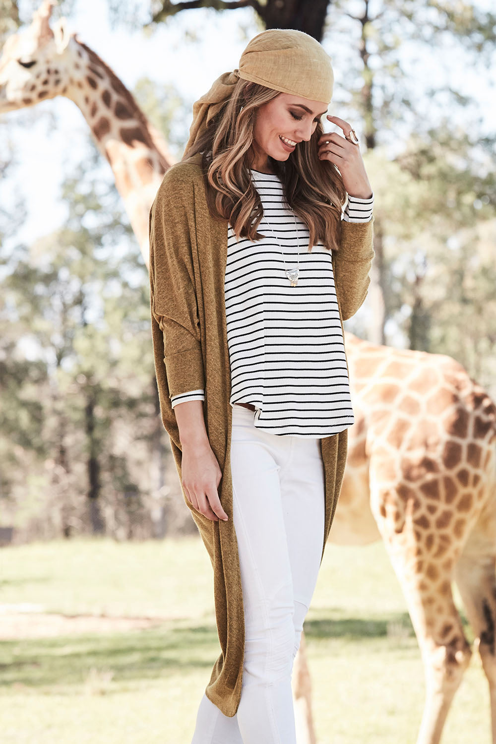 Model Marnee wearing size 10 of the Falling For You Cardi in colour Mustard, from the front, showing the whole outfit