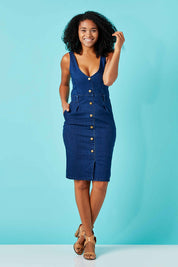 Model Grazi wearing size 10 of the Dance With Me Denim Dress in colour Denim (Blue), from the front, showing the whole outfit