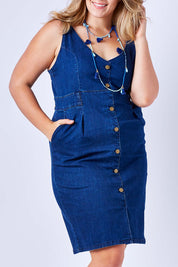 Model Kate wearing size 16 of the Dance With Me Denim Dress in colour Denim (Blue), from the front, cropped image