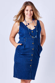 Model Kate wearing size 16 of the Dance With Me Denim Dress in colour Denim (Blue), from the front, cropped image