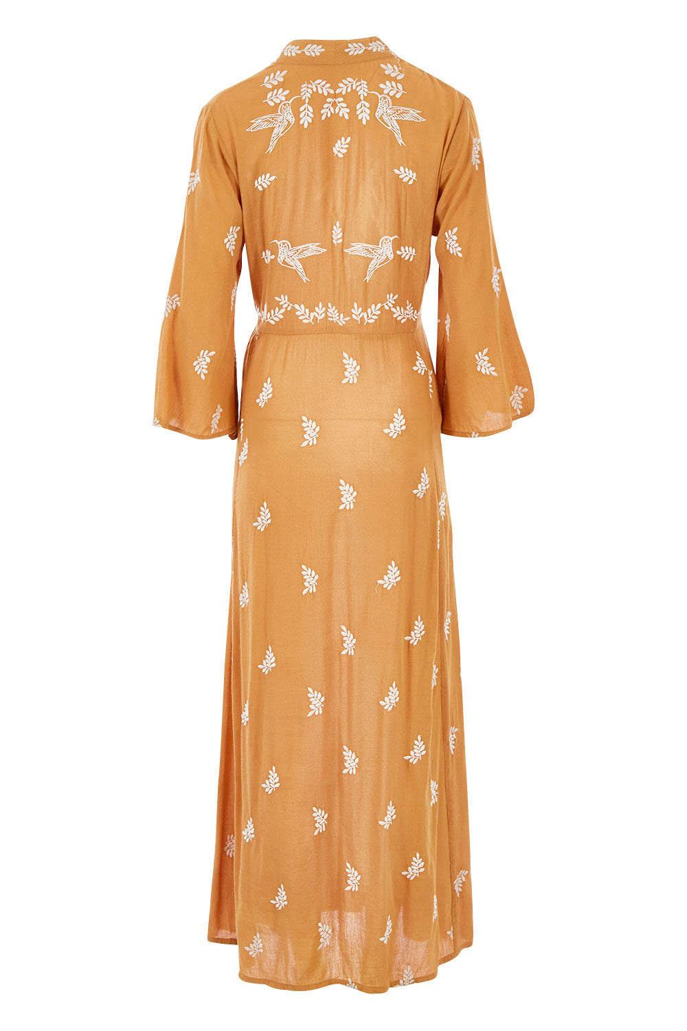 Product shot of the Dancing With Birds Dress in colour Golden, from the back