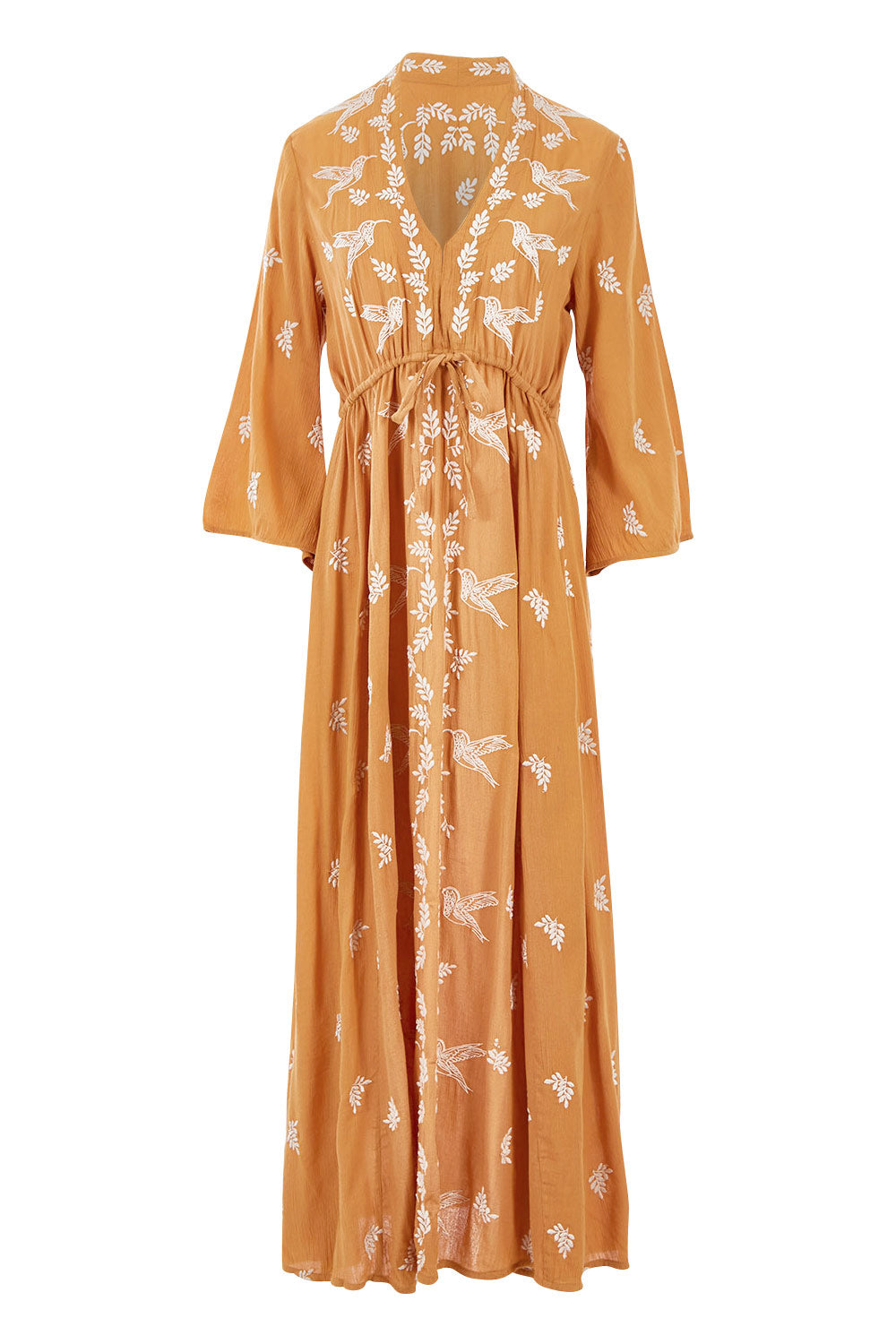 Product shot of the Dancing With Birds Dress in colour Golden, from the front