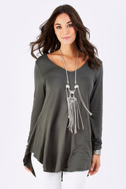 Model Georgia wearing size 10 of the Long Sleeve Softly Swinging Bamboo Tee in colour Combat (Black), from the front, cropped image