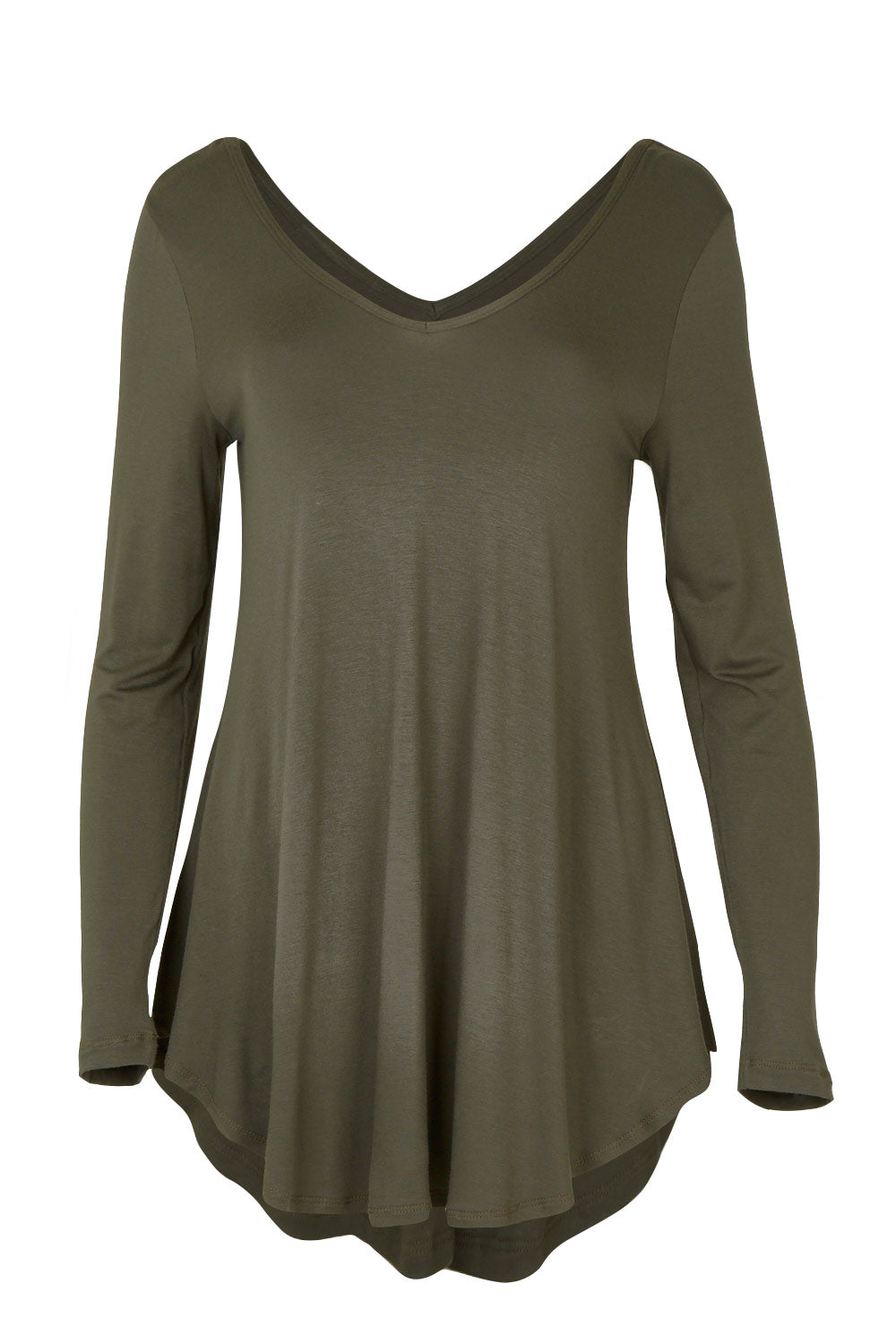 Product shot of the Long Sleeve Softly Swinging Bamboo Tee in colour Combat (Black), from the front