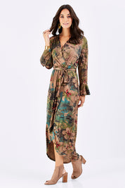 Model Georgia wearing size 10 of the Cloud Dancer Dress in colour Rust, from the front, showing the whole outfit