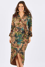 Model Tia wearing size 14 of the Cloud Dancer Dress in colour Rust, from the front, cropped image