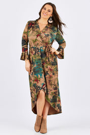 Model Tia wearing size 14 of the Cloud Dancer Dress in colour Rust, from the front, showing the whole outfit