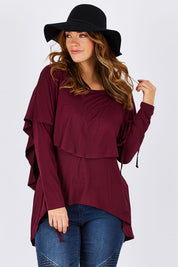 Model Laura wearing size 12 of the Cape Horn Tunic in colour Scarlet (Purple), from the front, cropped image