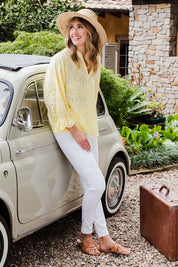Model Tegan wearing size 10 of the Wild Plains Stitched Jeggings in colour White (White), from the front, showing the whole outfit