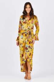 Model Georgia wearing size 10 of the Spring Blossom Dress in colour Dijon, from the front, showing the whole outfit
