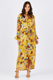 Model Georgia wearing size 10 of the Spring Blossom Dress in colour Dijon, from the front, showing the whole outfit