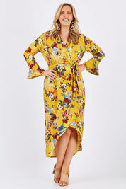 Model Jess wearing size 12 of the Spring Blossom Dress in colour Dijon, from the front, showing the whole outfit