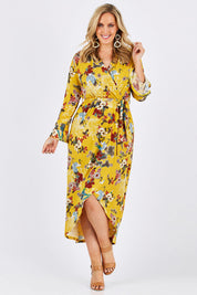 Model Jess wearing size 12 of the Spring Blossom Dress in colour Dijon, from the front, showing the whole outfit
