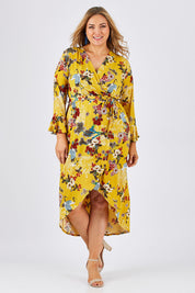 Model Ljubenka wearing size 18 of the Spring Blossom Dress in colour Dijon, from the front, showing the whole outfit