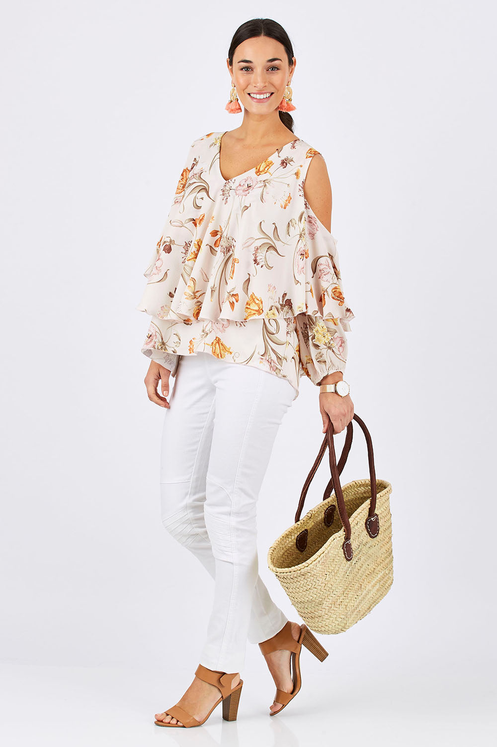 Model Georgia wearing size 10 of the Flouncing Around Blouse in colour Fleur (Pink), from the front, showing the whole outfit