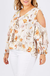Model Ljubenka wearing size 18 of the Flouncing Around Blouse in colour Fleur (Pink), from the front, cropped image