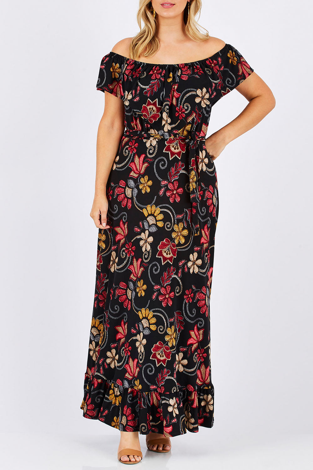 Model Jess wearing size 12 of the Dance With Me Maxi Dress in colour Black (Black), from the front, cropped image