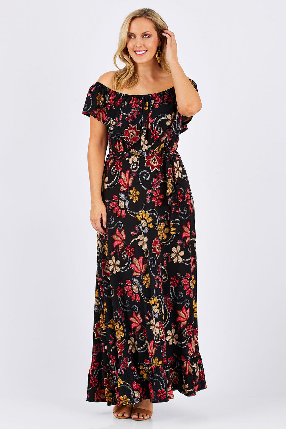 Model Jess wearing size 12 of the Dance With Me Maxi Dress in colour Black (Black), from the front, showing the whole outfit