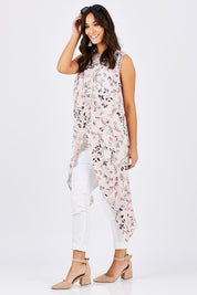 Model Georgia wearing size 10 of the Flying Free Top in colour PinkFleur (Pink), from the front, showing the whole outfit