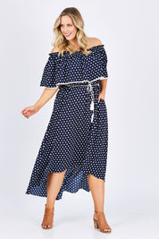 Model Jess wearing size 14 of the Florence Maxi Dress in colour NavySpot (Blue), from the front, showing the whole outfit