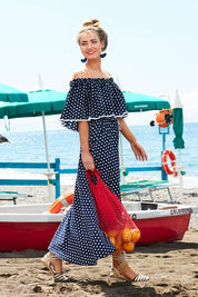 Model Marnee wearing size 10 of the Florence Maxi Dress in colour NavySpot (Blue), from the front, showing the whole outfit
