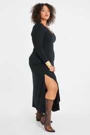 Model Alexis wearing size 16 of the My Faithful Maxi Tee Dress in colour Black (Black), from the front, showing the whole outfit