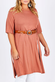 Model Fiona wearing size 16 of the Softly Falling Bamboo Tunic in colour Copper, from the front, cropped image