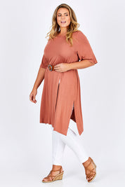 Model Fiona wearing size 16 of the Softly Falling Bamboo Tunic in colour Copper, from the front, showing the whole outfit