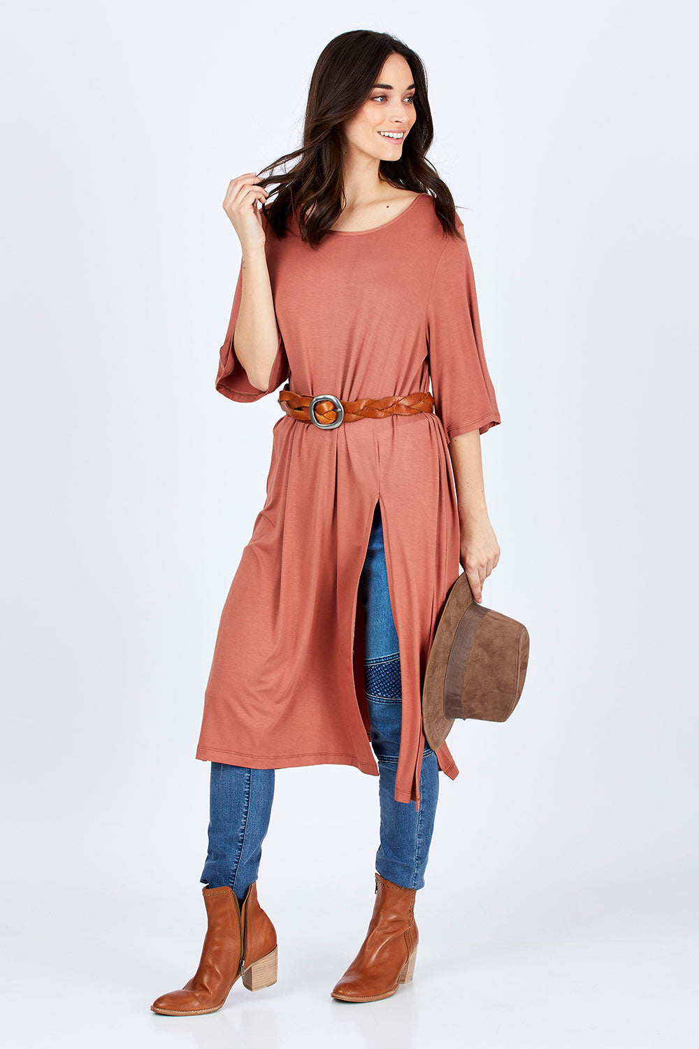 Model Georgia wearing size 10 of the Softly Falling Bamboo Tunic in colour Copper, from the front, showing the whole outfit