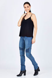 Model Georgia wearing size 10 of the Wild One Stitched Jeggings in colour Denim (Blue), from the front, showing the whole outfit