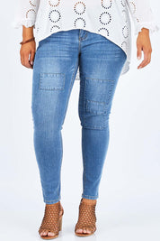Model Palatina wearing size 14 of the You Patched Me All Up Jeans in colour PaleDenim (Blue), from the front, cropped image