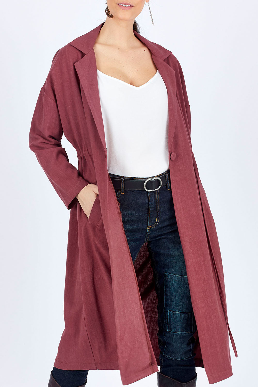 Model Georgia wearing size 10 of the Got You Covered Jacket in colour Wine (Red), from the front, cropped image