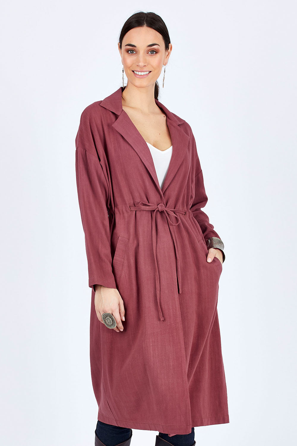 Model Georgia wearing size 10 of the Got You Covered Jacket in colour Wine (Red), from the front, cropped image