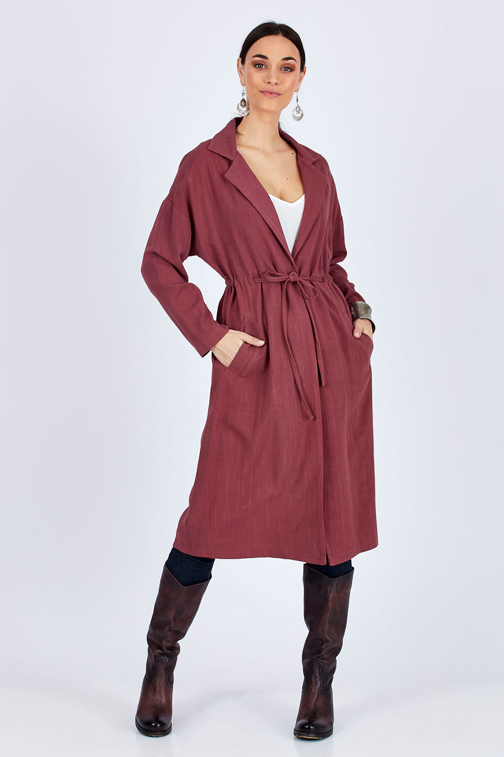 Model Georgia wearing size 10 of the Got You Covered Jacket in colour Wine (Red), from the front, showing the whole outfit