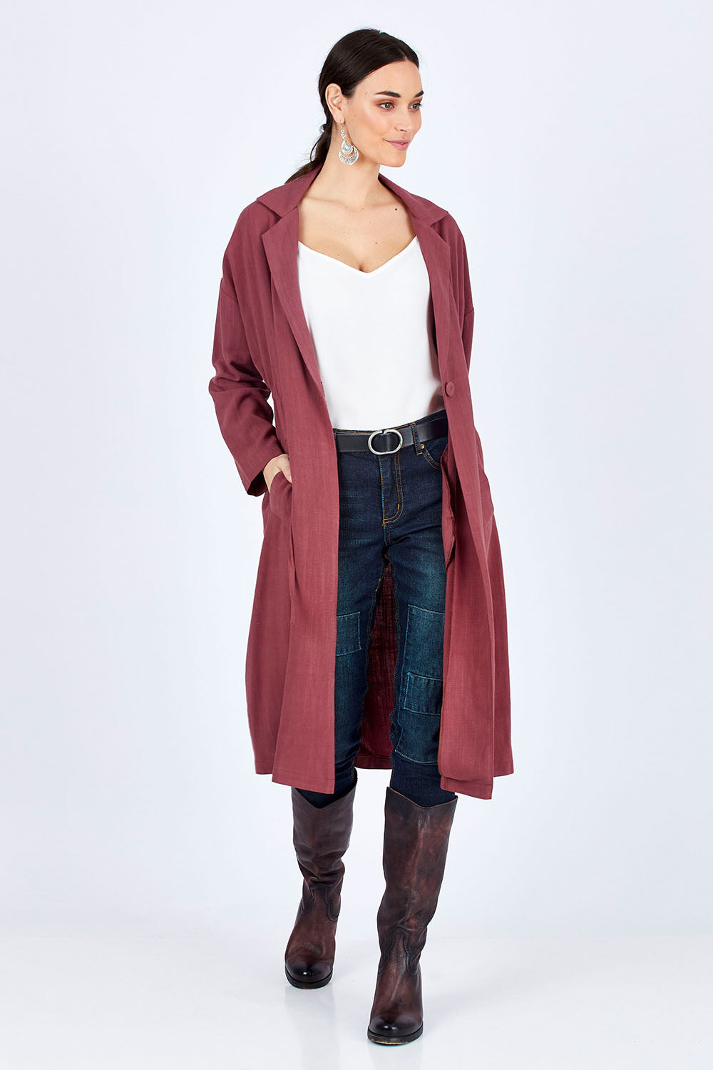 Model Georgia wearing size 10 of the Got You Covered Jacket in colour Wine (Red), from the front, showing the whole outfit