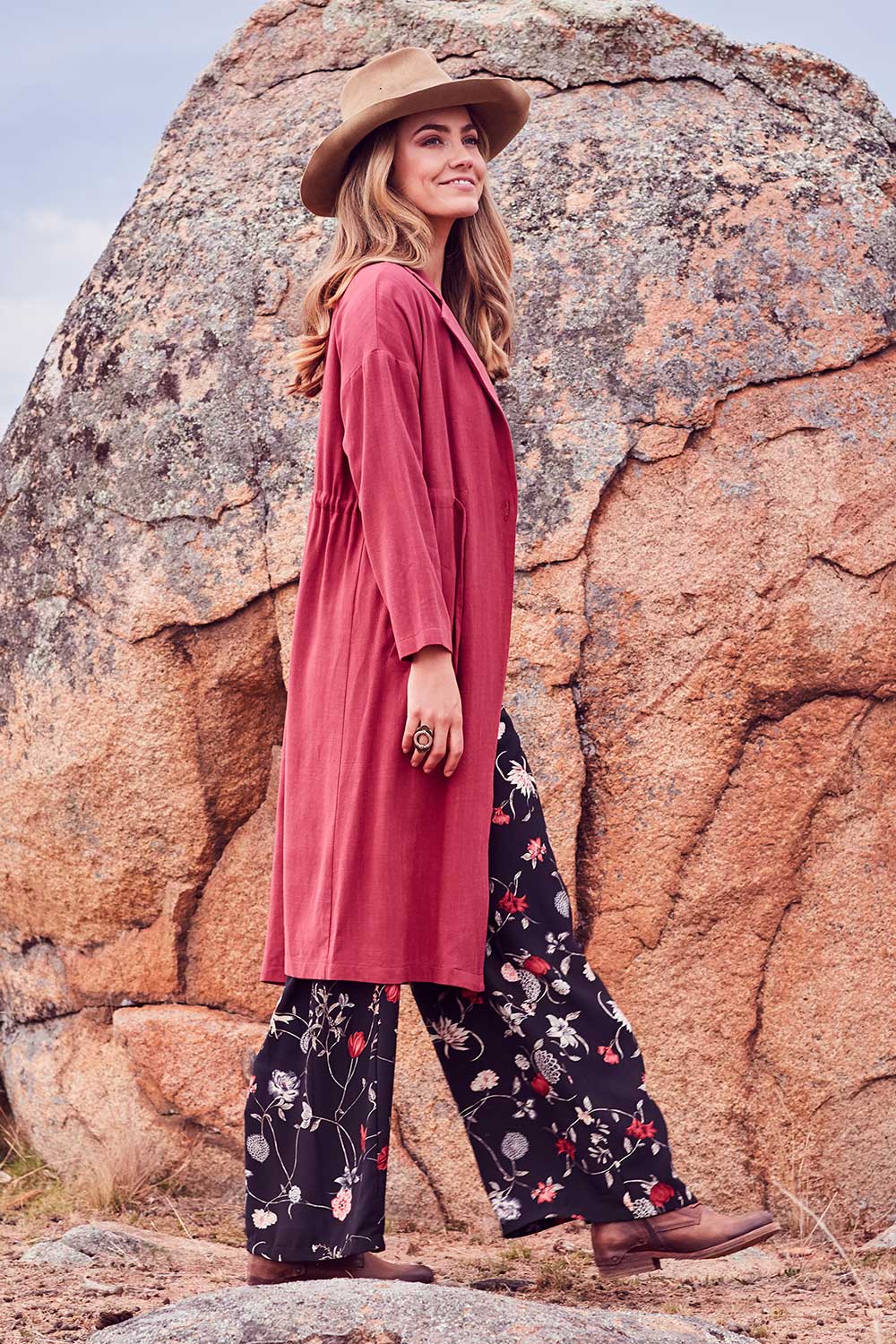 Model Marnee wearing size 10 of the Got You Covered Jacket in colour Wine (Red), from the front, showing the whole outfit
