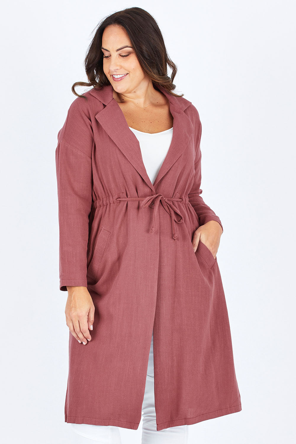 Model Stacey wearing size 12 of the Got You Covered Jacket in colour Wine (Red), from the front, cropped image