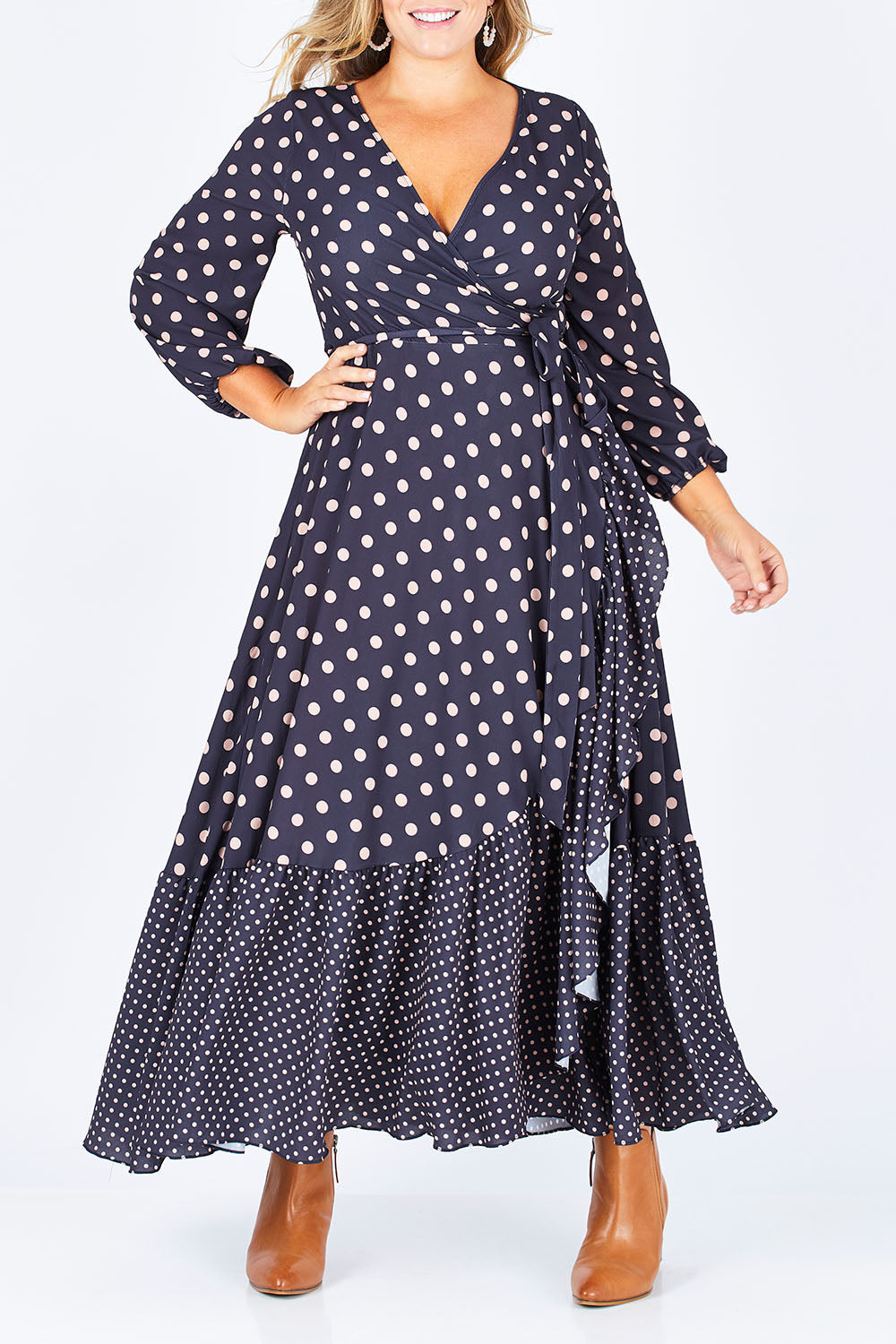 Model Fiona wearing size 16 of the Spotty About You Maxi Dress in colour NavySpot (Blue), from the front, cropped image